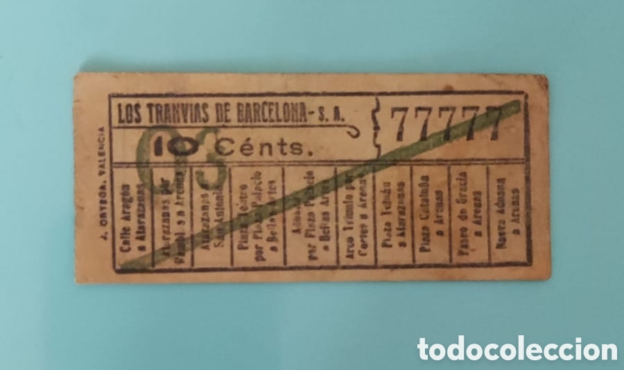 Collectables Transport Tickets: Billete LOS TRANVIAS DE BARCELONA. 10 c&eacute;ntimos. Capic&uacute;a 77777