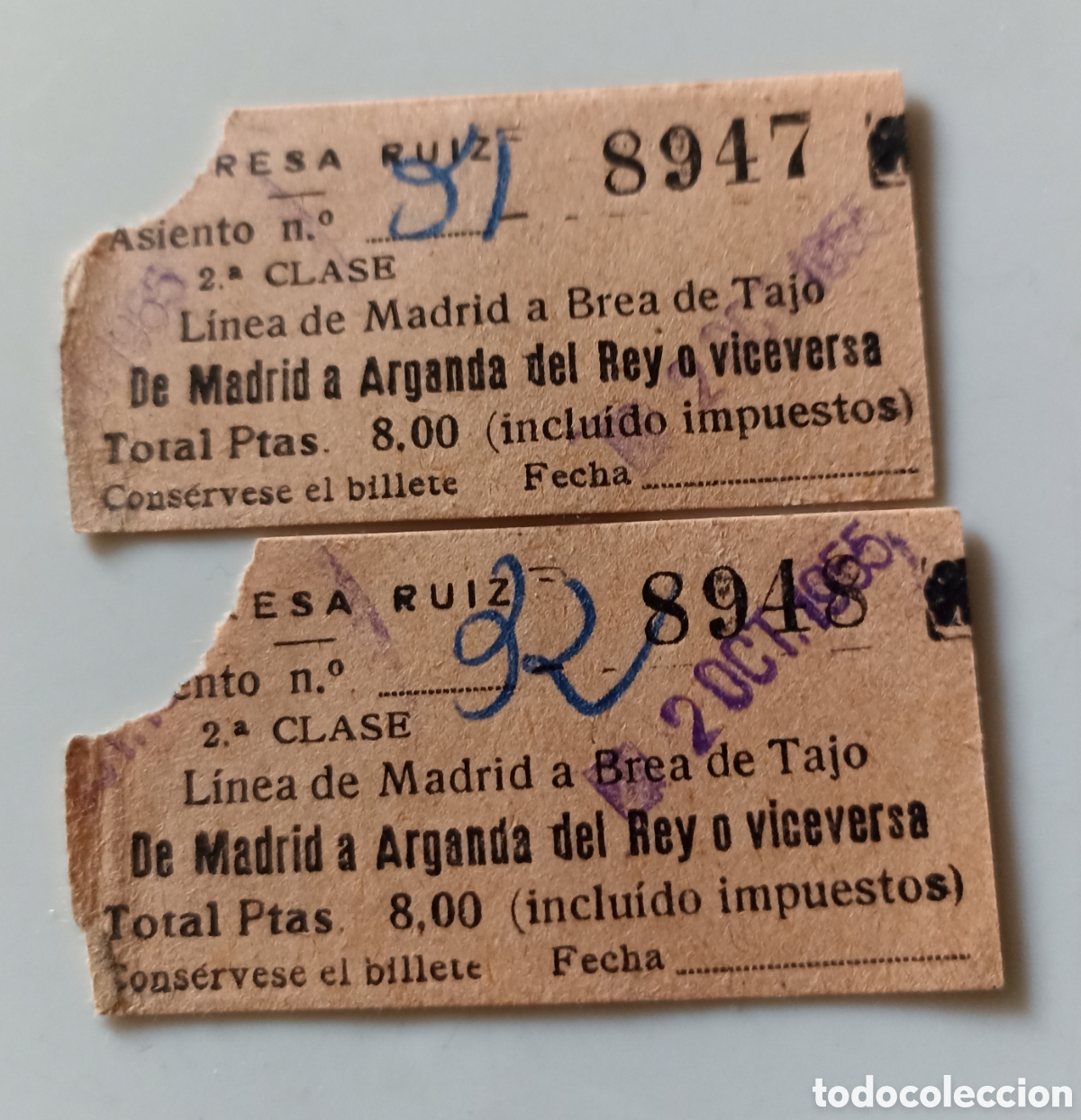 Collectables Transport Tickets: DOS BILLETES DE TREN CORRELATIVOS ARGANDA, MADRID
