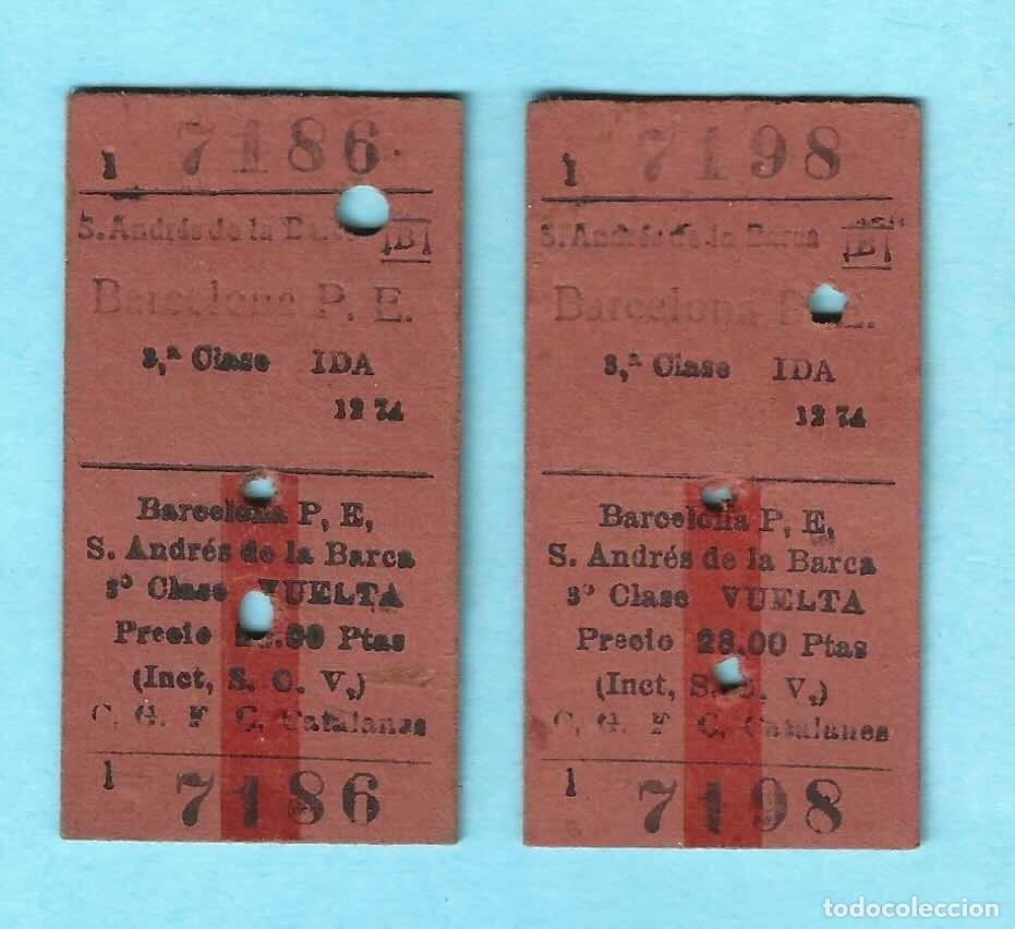 Collectables Transport Tickets: 2 BILLETES F. C. CATALANES. BARCELONA P. E. - ANDR&Eacute;S DE LA BARCA. 3&ordf; CLASE IDA Y VUELTA
