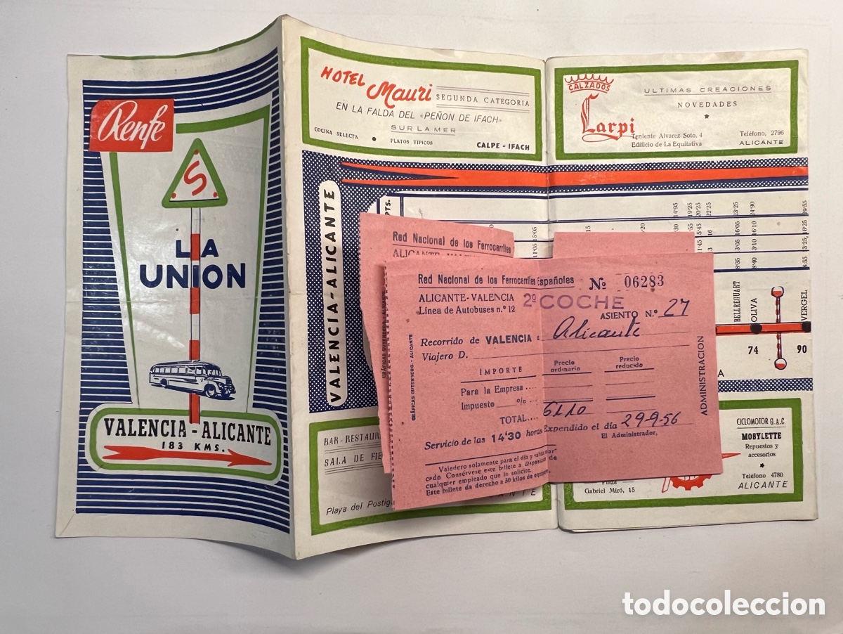 Collectables Transport Tickets: LA UNI&Oacute;N. Alicante - Valencia (2) Billetes y D&iacute;ptico publicitario&hellip; (a.1959)