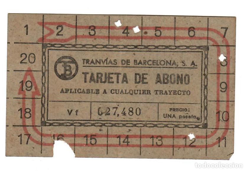 Collectables Transport Tickets: Billete abono de Tranvias de Barcelona. una peseta. A&ntilde;os 40. 6,3 x 9,7 cms . Vell I Bell.