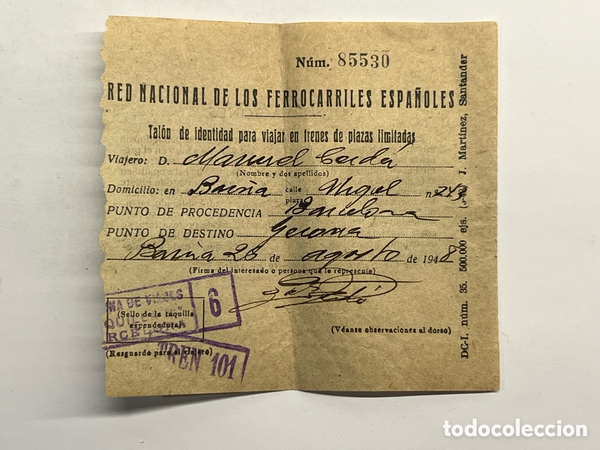 Sammeln von Fahrkarten: FERROCARRILES Billete Barcelona Gerona (a.1948) TALON DE IDENTIDAD PARA VIAJAR EN TRENES