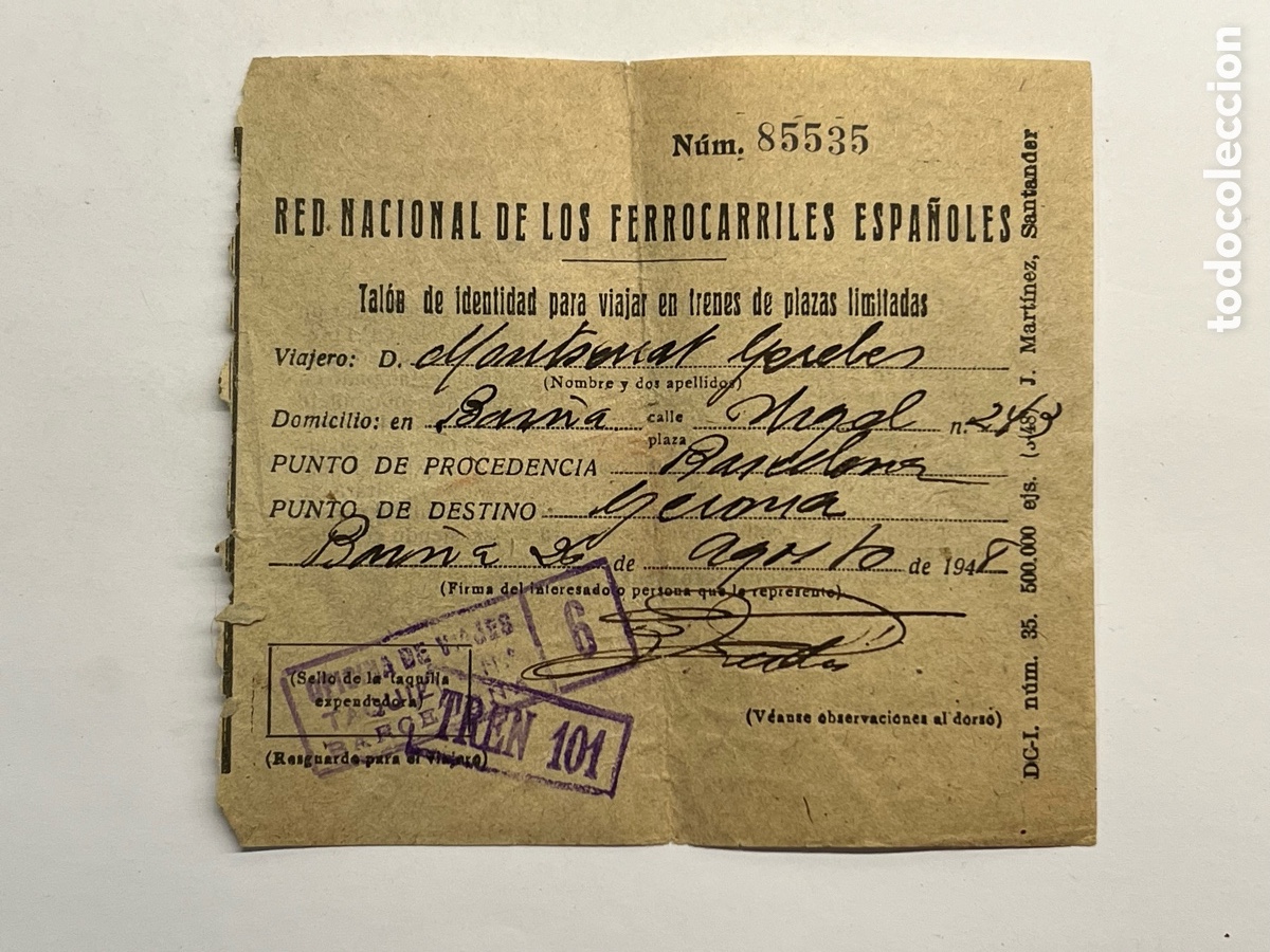 Coleccionismo Billetes de transporte: FERROCARRILES Billete Barcelona Gerona (a.1948) TALON DE IDENTIDAD PARA VIAJAR EN TRENES