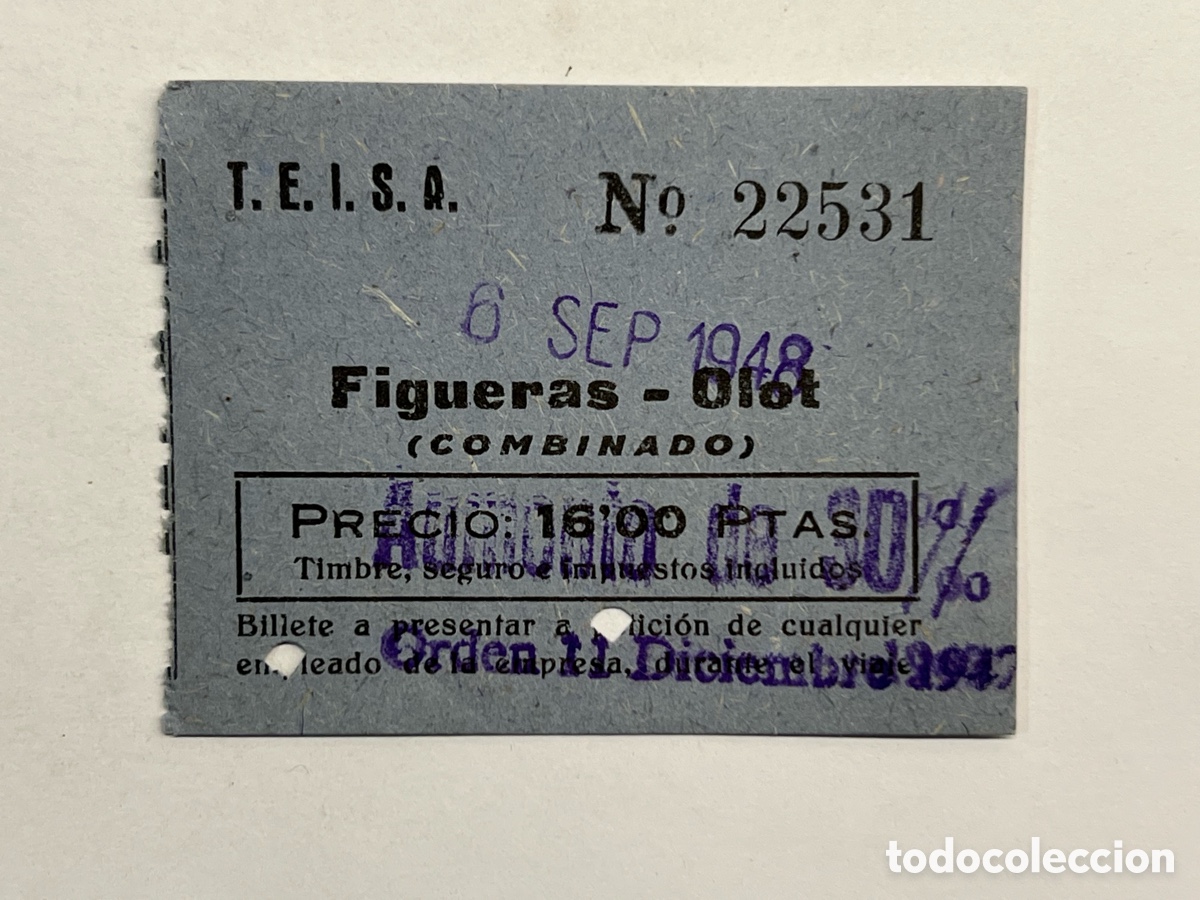 Coleccionismo Billetes de transporte: BILLETE AUTOB&Uacute;S, AUTOCAR. Figueras a Olot (a.1948) combinado