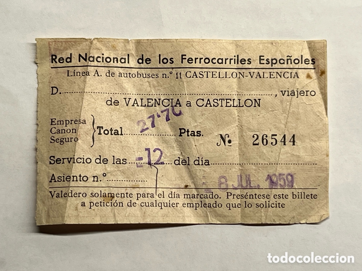 Colecionismos Bilhetes de Transporte: Red Nacional de los Ferrocarriles Espa&ntilde;oles. Billete de Autob&uacute;s Castell&oacute;n - Valencia (a.1959)