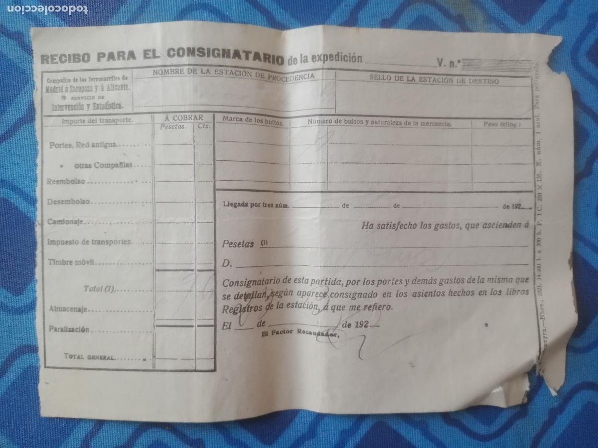 Coleccionismo Billetes de transporte: Ferrocarriles Madrid Zaragoza Alicante. Recibo para el consignatario. 1922
