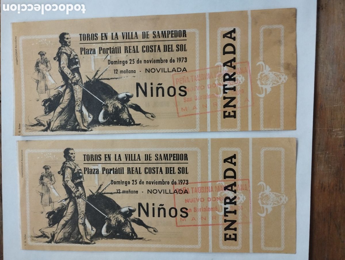 Coleccionismo Billetes de transporte: 2 Entradas de los Toros en la Villa de Santpedor Novillada 1973