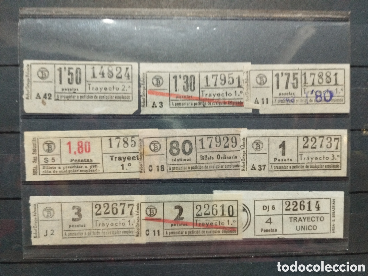 Sammeln von Fahrkarten: Lote de 9 billetes de transporte. Todos diferentes precio de 80 c&eacute;ntimos a 4 pesetas