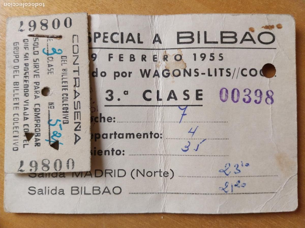 Coleccionismo Billetes de transporte: WAGONS LITS BILLETE COLECTIVO A BILBAO 19 FEBRERO 1955 ORIGINAL USADO CARTONCILLO