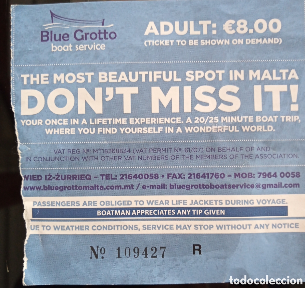 Collectables Transport Tickets: BILLETE DE BARCO. BLUE GROTTO