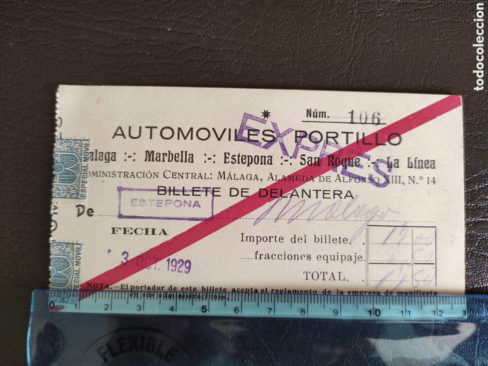 Collectables Transport Tickets: BILLETE AUTOMOVILES PORTILLO. ESTEPONA - MALAGA. 1929.