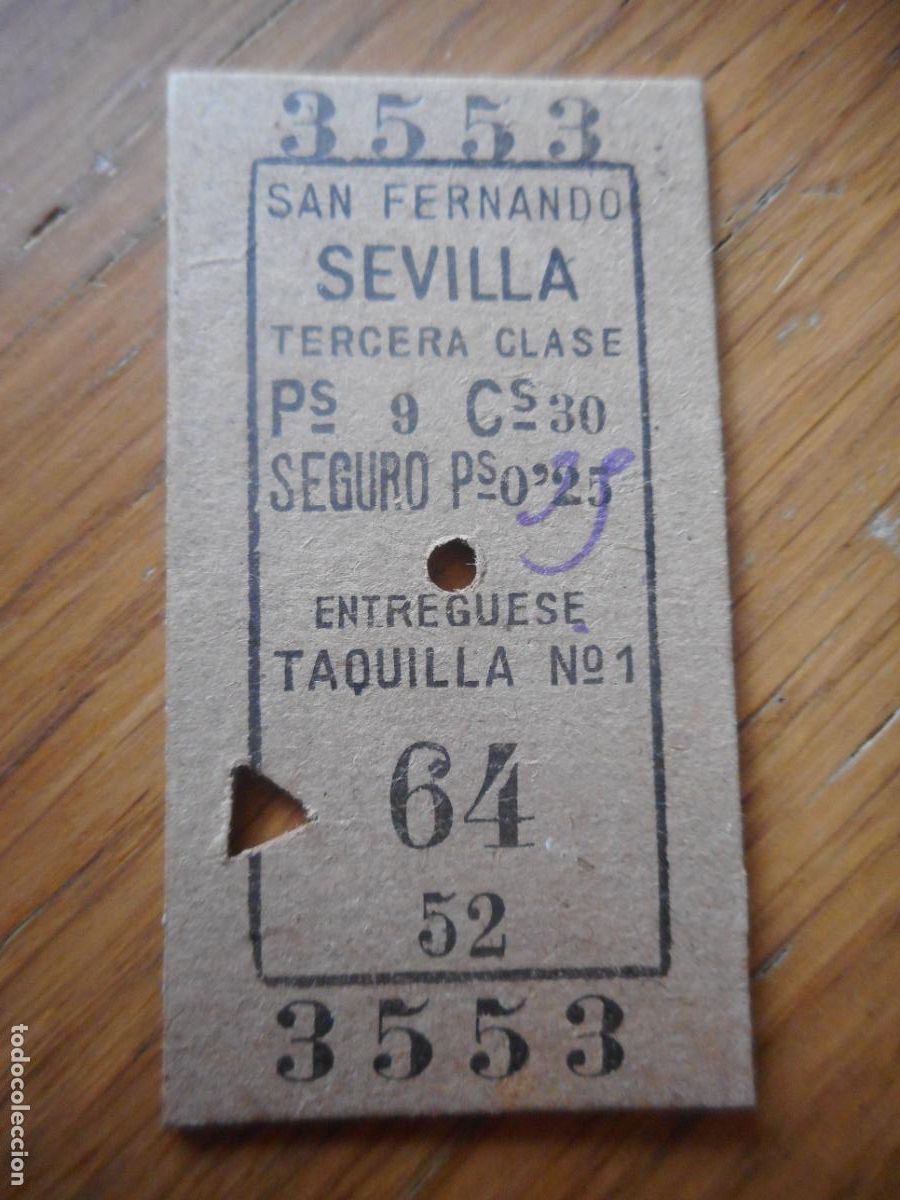 Collectionnisme Billets de transport: ANTIGUO BILLETE FERROCARRIL SAN FERNANDO - SEVILLA 3&ordf; CLASE 1921? CAPICUA