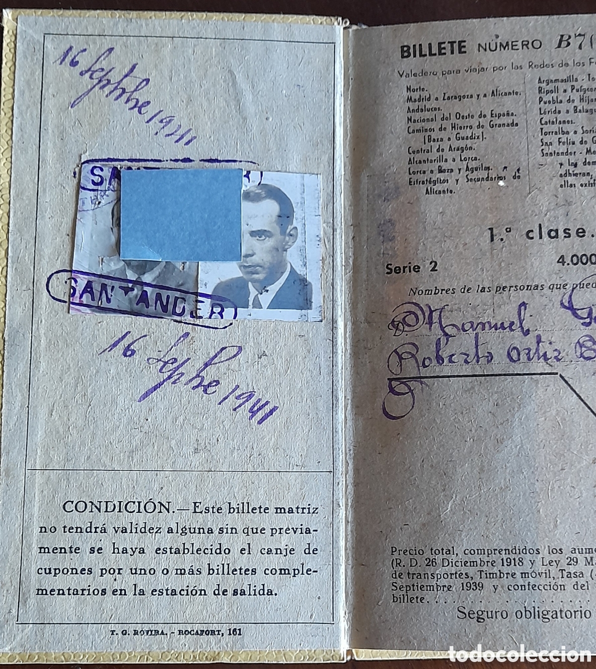 Collectables Transport Tickets: SANTANDER. Billete kilometrico de 2a clase. 1941
