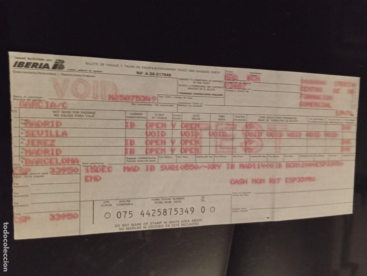 Collectionnisme Billets de transport: 1 BILLETE DE ** IBERIA MADRID /SEVILLA / JEREZ / MADRID / BARCELONA .** 15DEC.