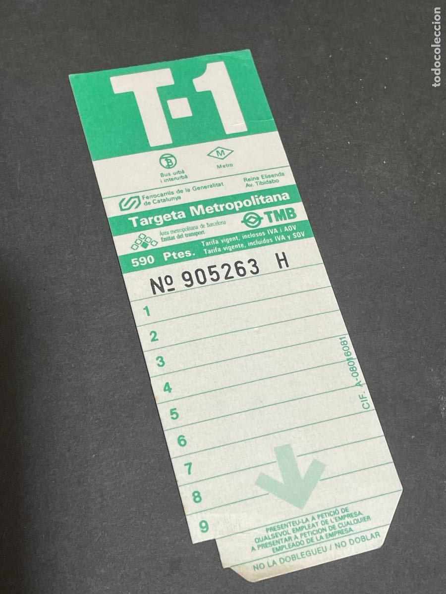 Sammeln von Fahrkarten: TARJETA TRANSPORTE METROPOLITANO BARCELONA T-1 SIN USAR A&Ntilde;OS 1990 590 PTAS PUBLICIDAD EN REVERSO