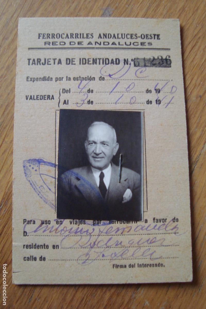 Collectables Transport Tickets: ANTIGUA TARJETA IDENTIDAD FERROCARRILES ANDALUCES OESTE. SEVILLA? 1940-1941