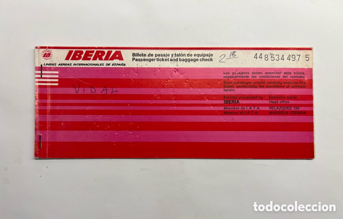 Collectionnisme Billets de transport: IBERIA, Billete de pasaje y tal&oacute;n de equipaje (a.1976) publicidad Pedro DomecQ