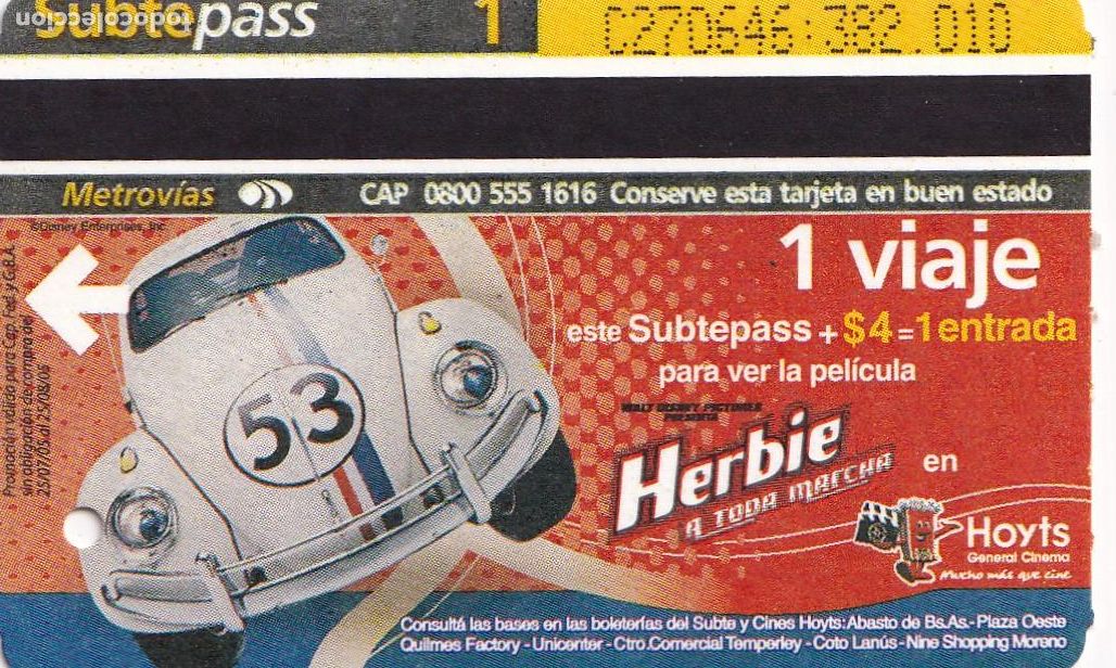 Collectables Transport Tickets: Herbie, pel&iacute;cula Disney en billete tren urbano Buenos Aires (ticket Metro, subte) - CLC