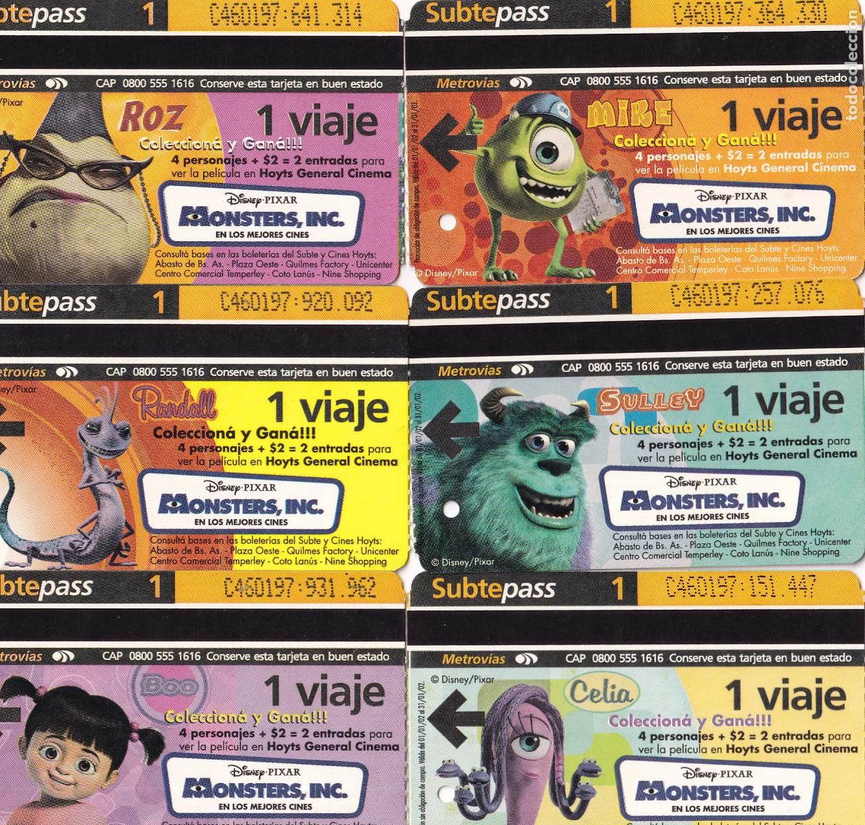 Collectables Transport Tickets: Monstruos SA, serie completa 6 billetes tren urbano Buenos Aires (ticket Metro, subte) - CLC