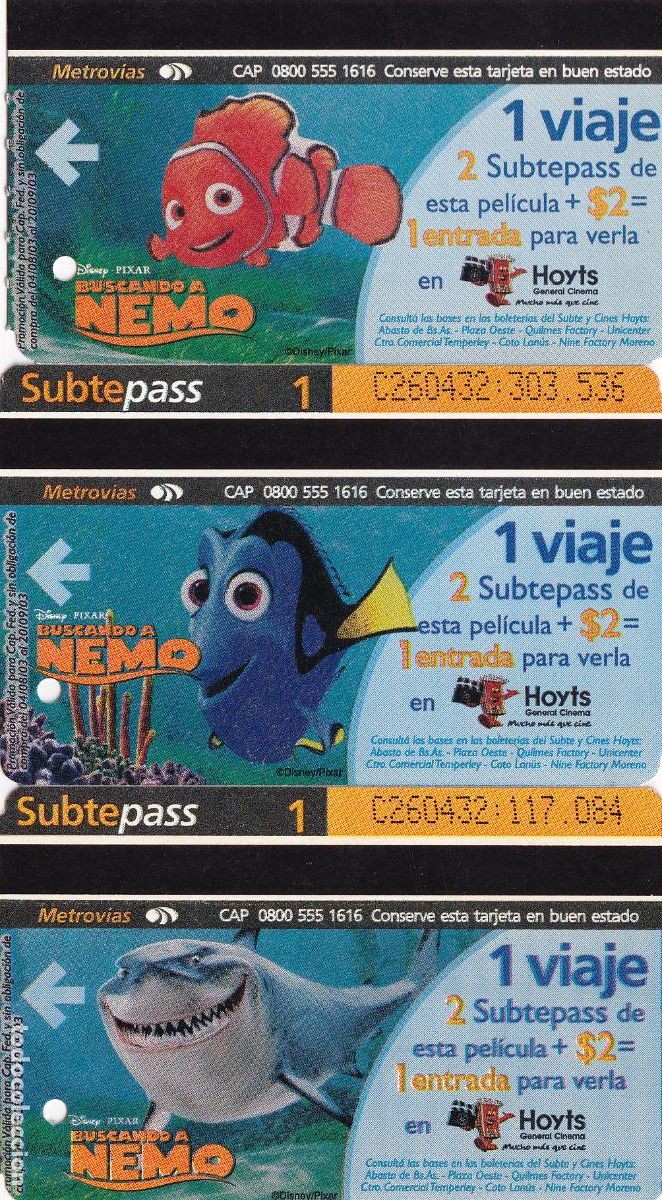 Collectables Transport Tickets: Buscando a Nemo, serie completa 3 billetes tren urbano Buenos Aires (ticket Metro, subte) - CLC
