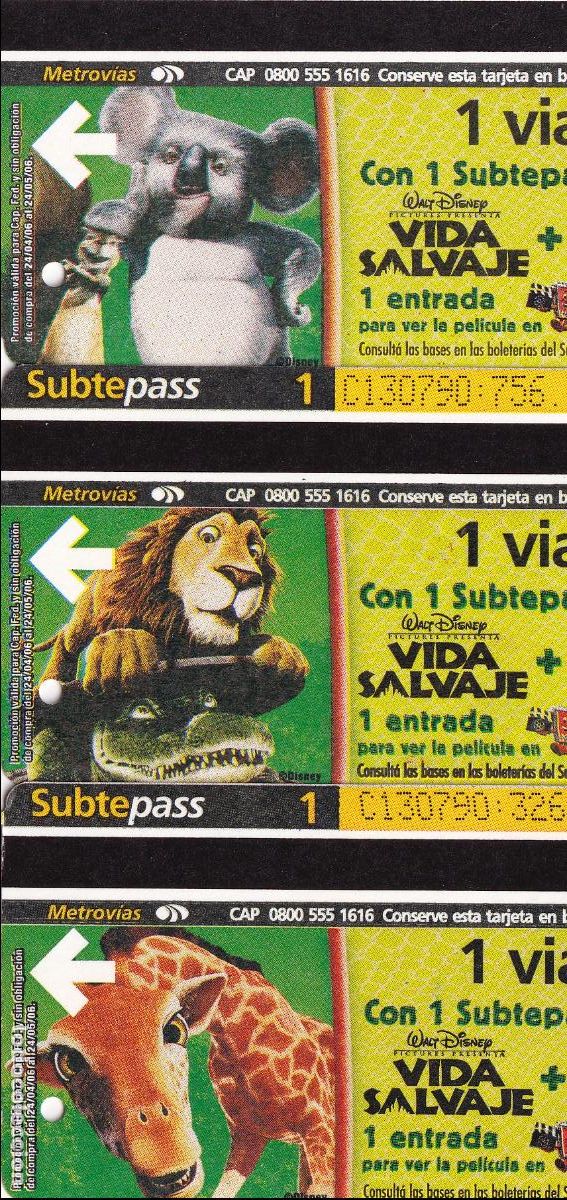 Collectables Transport Tickets: Vida Salvaje, serie completa 3 billetes tren urbano Buenos Aires (ticket Metro, subte) - CLC
