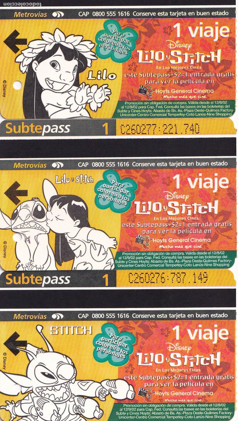 Collectables Transport Tickets: Lilo y Stich, serie completa 3 billetes tren urbano Buenos Aires (ticket Metro, subte) - CLC
