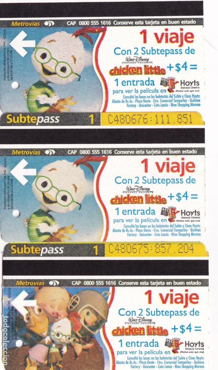 Collectables Transport Tickets: Chicken Little, serie completa 3 billetes tren urbano Buenos Aires (ticket Metro, subte) - CLC