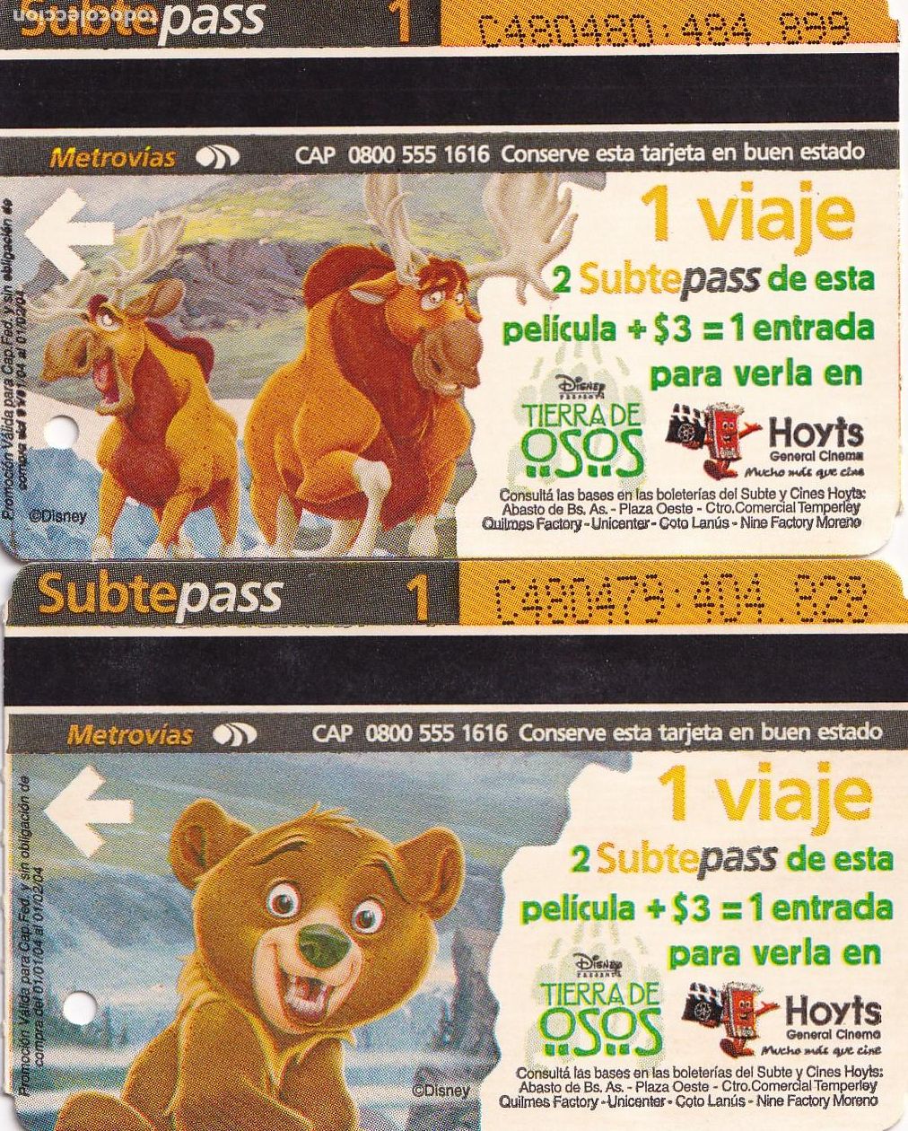 Collectables Transport Tickets: Tierra de osos pel&iacute;cula de Disney, 2 billetes tren urbano Buenos Aires (ticket Metro, subte) - CLC