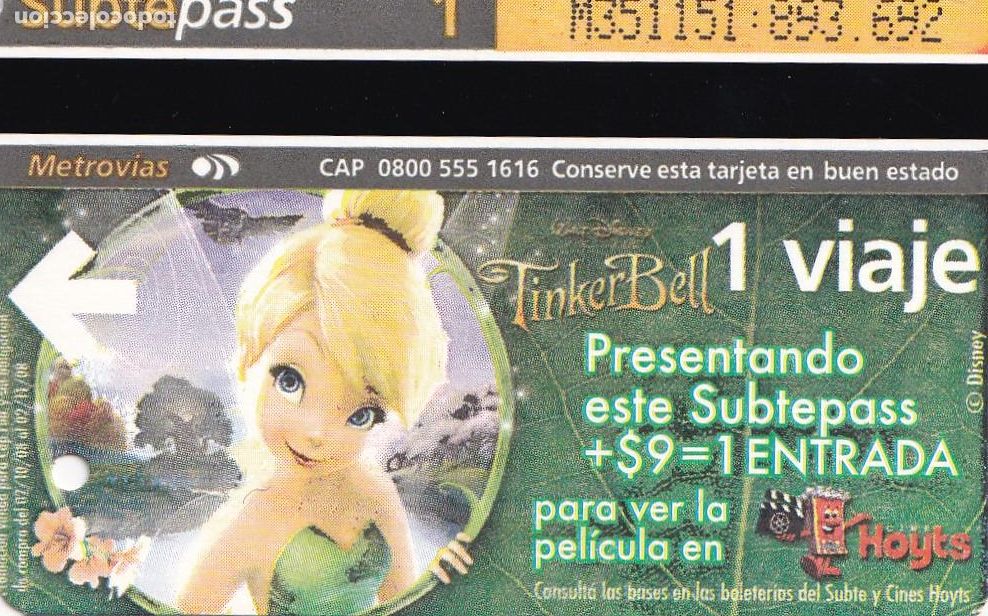 Collectables Transport Tickets: Campanilla, billete del tren urbano Buenos Aires (ticket Metro, subte) pel&iacute;cula de Disney - CLC