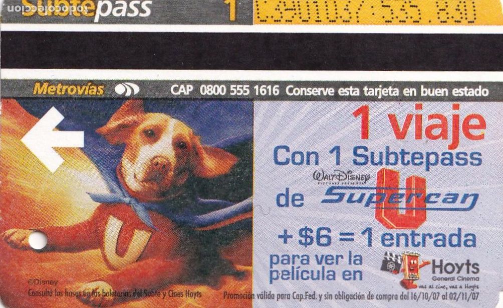 Collectables Transport Tickets: Supercan, billete del tren urbano Buenos Aires (ticket Metro, subte) pel&iacute;cula de Disney - CLC