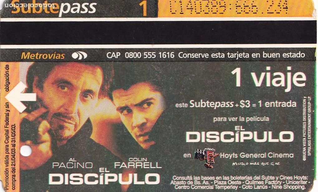 Collectables Transport Tickets: El discipulo, pel&iacute;cula Al Pacino, billete del tren urbano Buenos Aires (ticket Metro, subte) - CLC