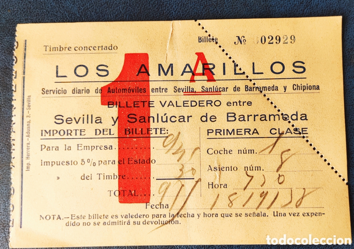 Coleccionismo Billetes de transporte: Billete autobuses Los Amarillos Sevilla y Sanlucar de Barrameda 1938 guerra civil 1ra clase