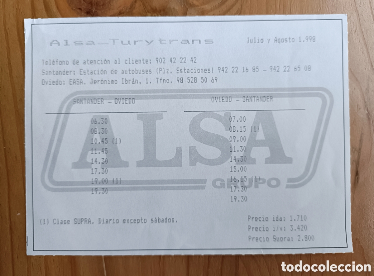 Collectionnisme Billets de transport: Antiguo horario autobuses ALSA, trayecto Oviedo-Santander, Verano 1998
