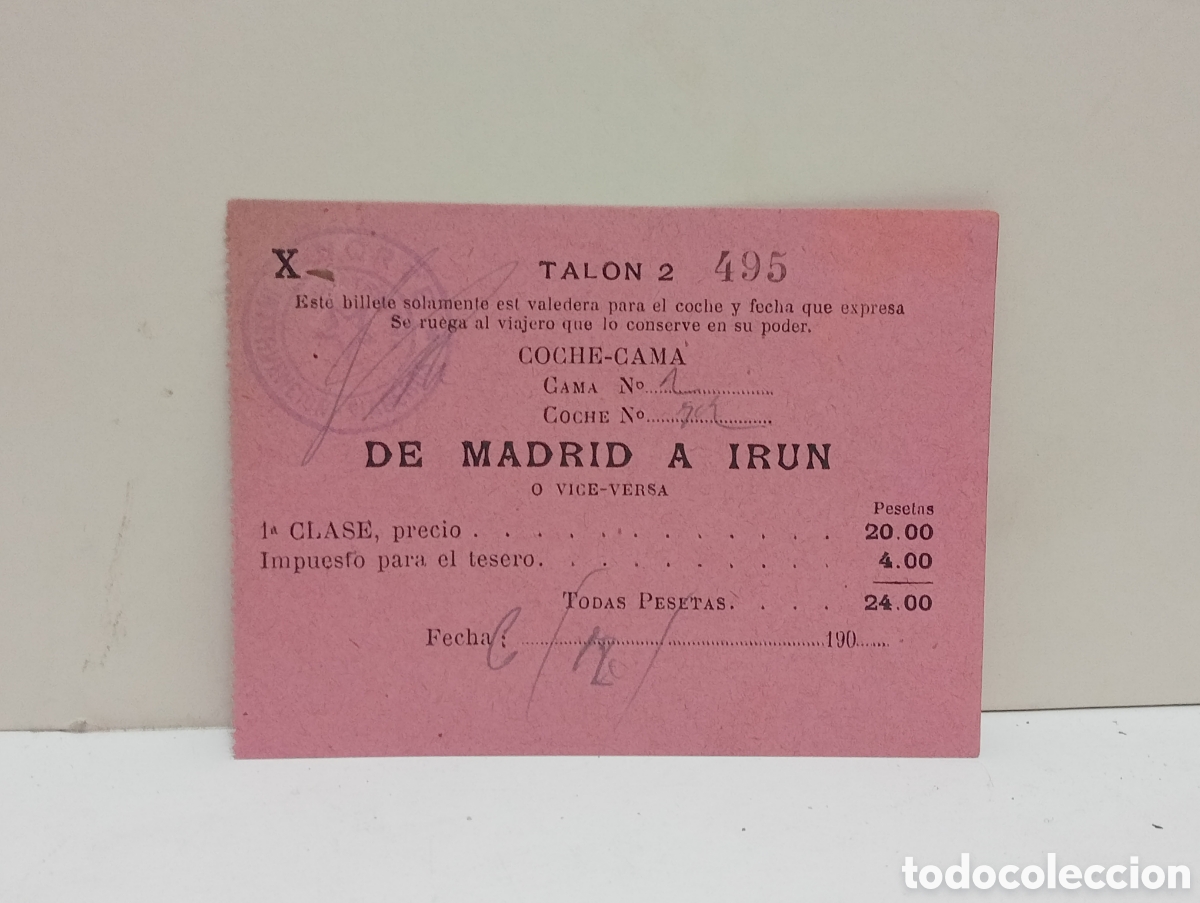Coleccionismo Billetes de transporte: TALON 2 - BILLETE TREN DE MADRID A IRUN. COCHE-CAMA