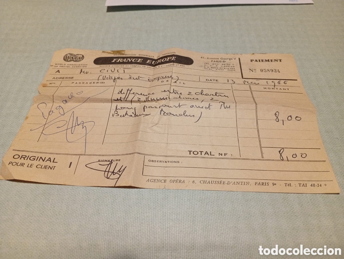 Collectables Transport Tickets: Recibo pago WATA France Europe ticket viaje