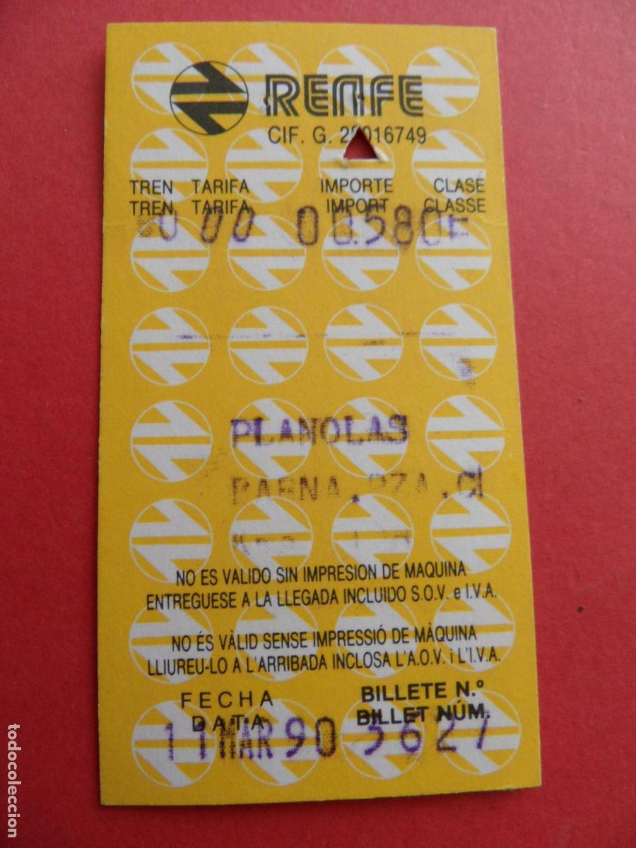 Coleccionismo Billetes de transporte: 1 BILLETE RENFE PLANOLAS BARCELONA 1990