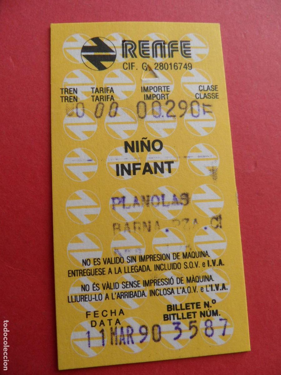 Coleccionismo Billetes de transporte: 1 BILLETE RENFE NI&Ntilde;O INFANT PLANOLAS BARNA 1990