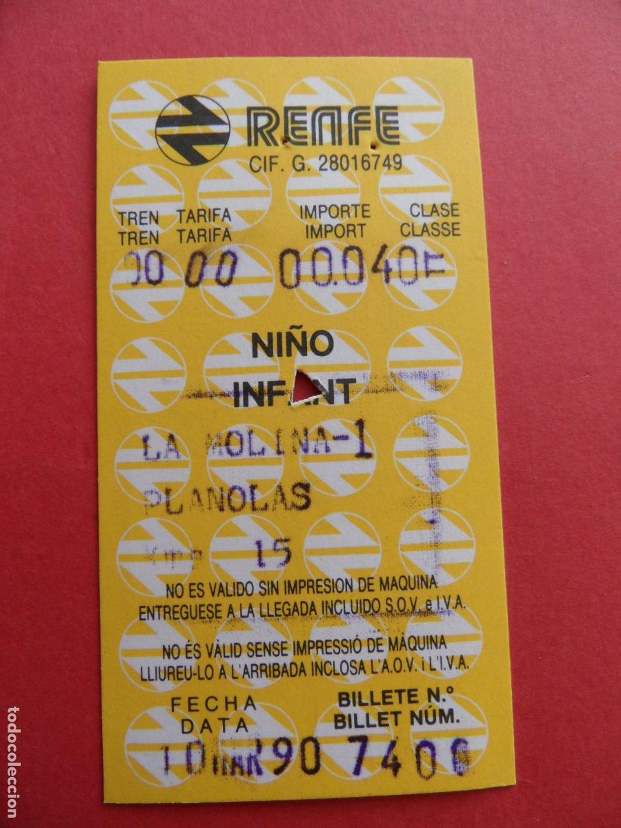 Coleccionismo Billetes de transporte: 1 BILLETE RENFE NI&Ntilde;O INFANT LA MOLINA 1 PLANOLAS 1990