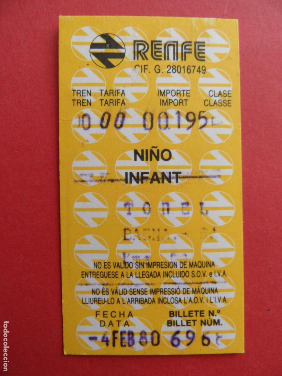 Coleccionismo Billetes de transporte: 1 BILLETE RENFE NI&Ntilde;O INFANT TOREL BARNA 1990