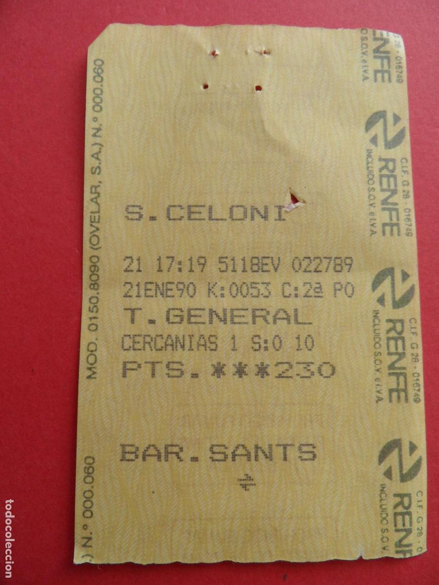 Coleccionismo Billetes de transporte: 1 BILLETE RENFE SAN CELONI BAR. SANTS GENERAL 230 PESETAS 1990