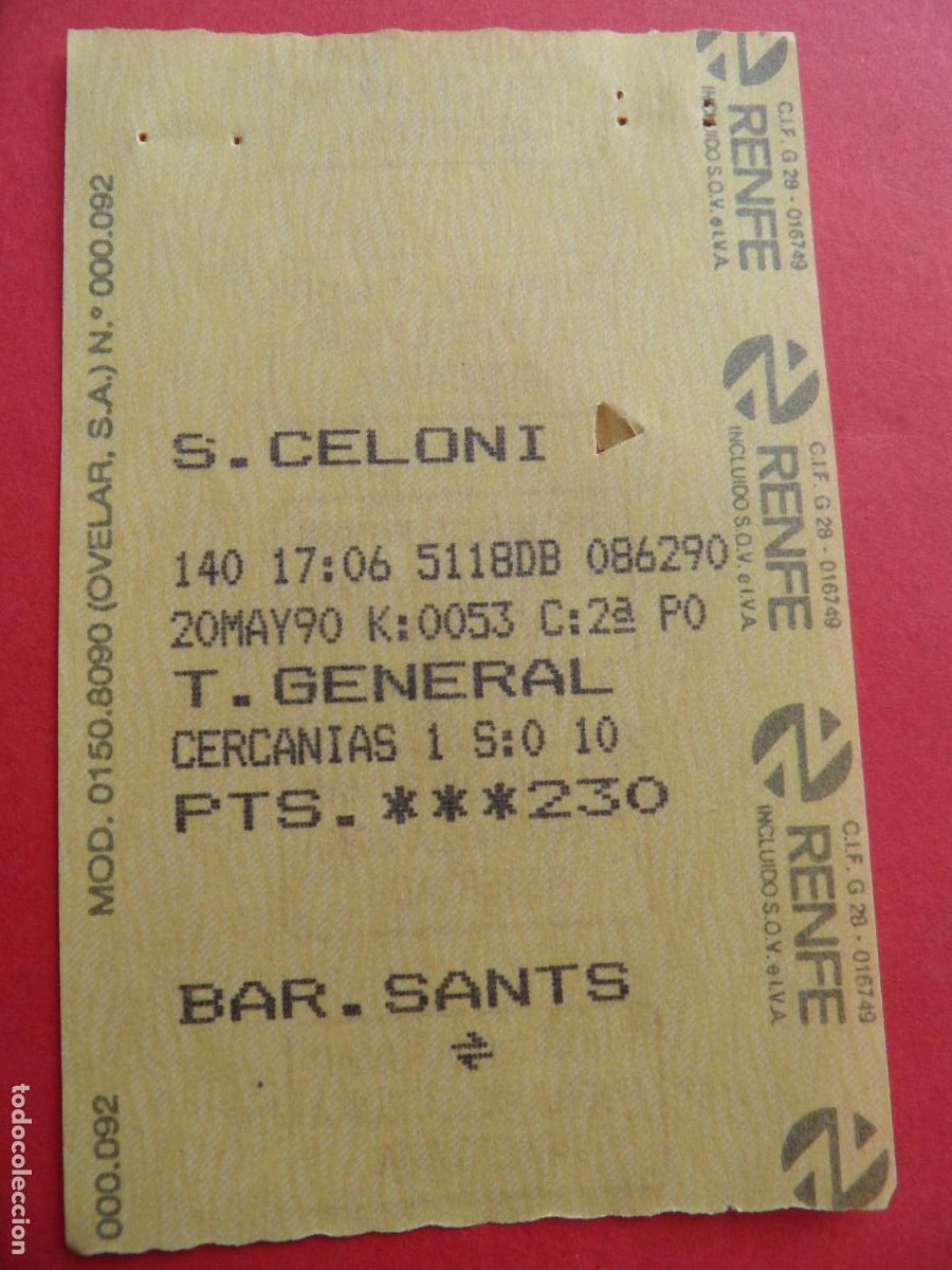 Coleccionismo Billetes de transporte: 1 BILLETE RENFE S. CELONI BAR. SANTS GENERAL 230 PESETAS 1990
