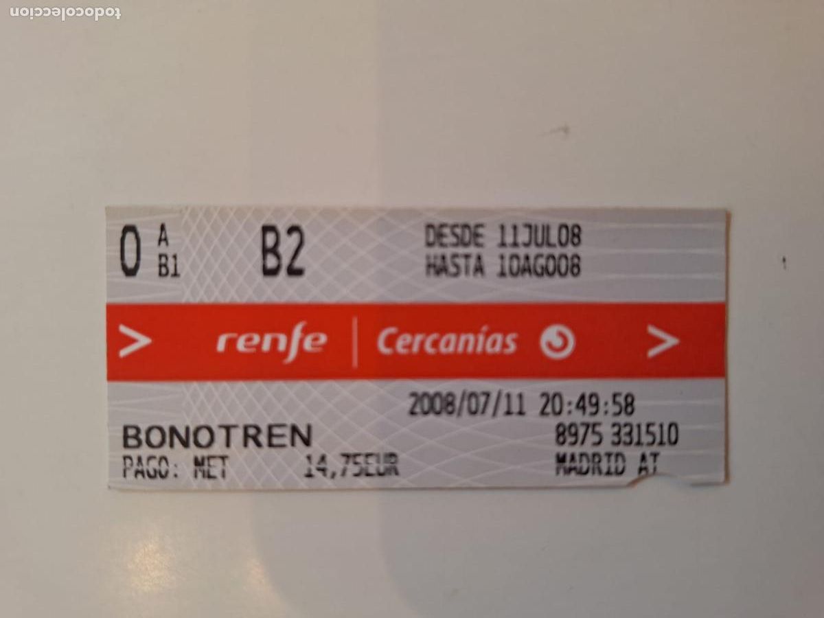 Collectionnisme Billets de transport: Billete Tren Cercan&iacute;as Bonotren Madrid RENFE 2008 Dise&ntilde;o Alberto Coraz&oacute;n