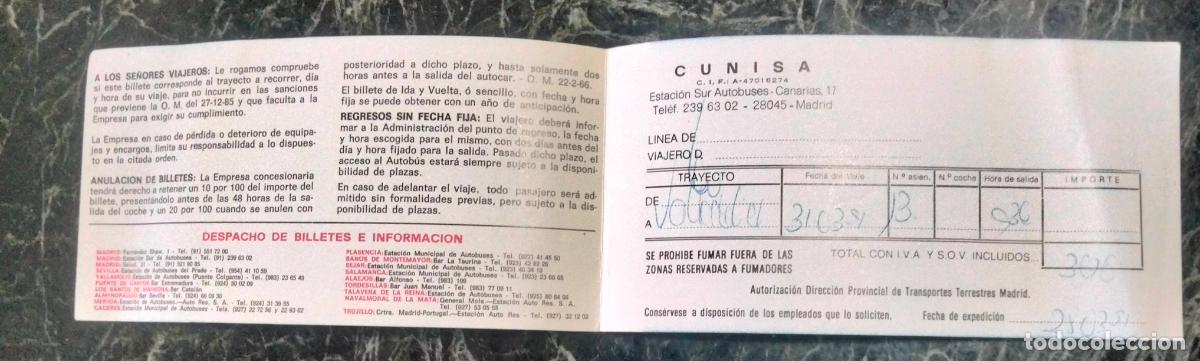 Coleccionismo Billetes de transporte: Billete de autob&uacute;s CUNISA