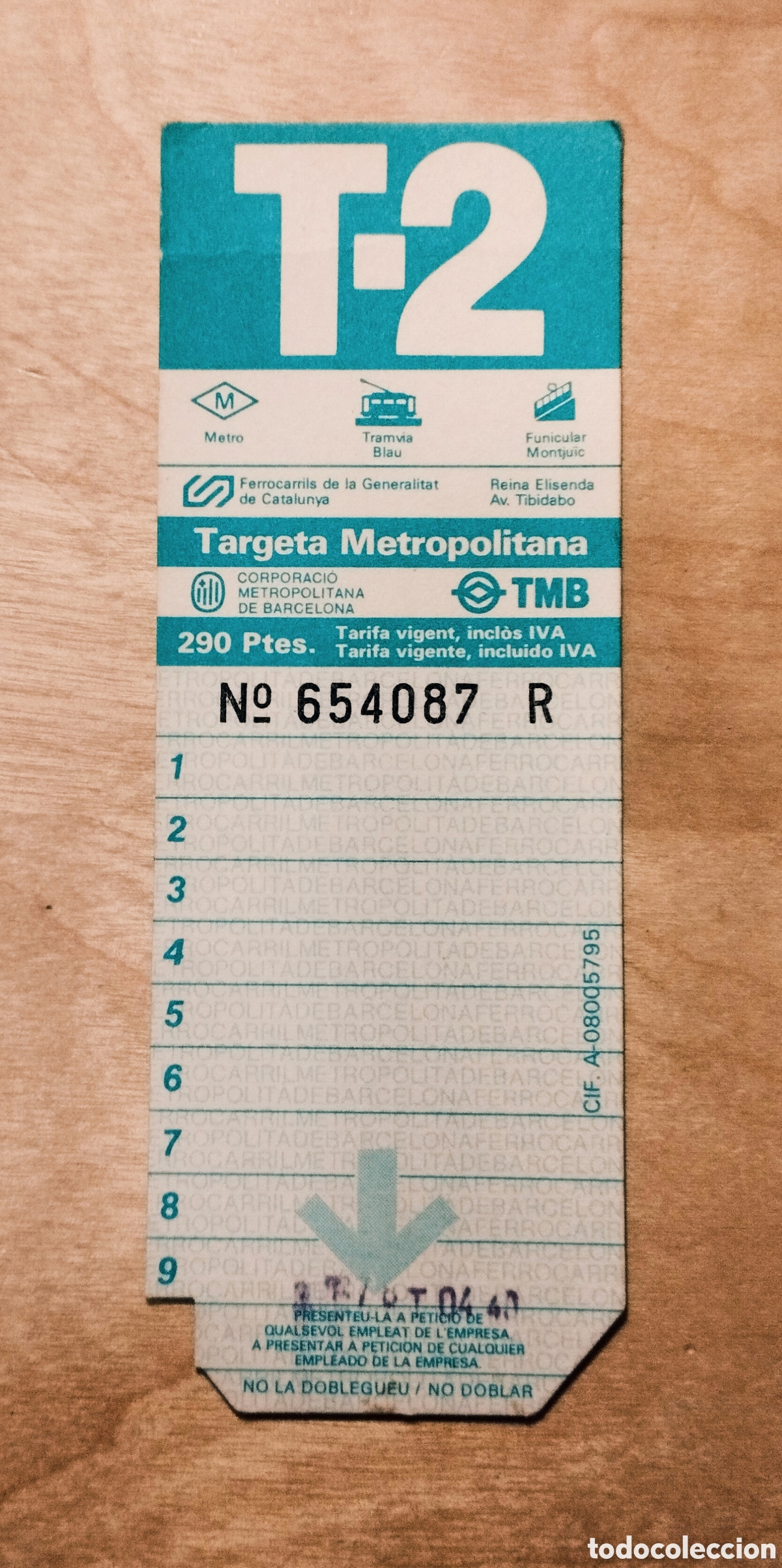 Coleccionismo Billetes de transporte: TARGETA METROPOLITANA T-2 TMB - 290 PTS - BARCELONA - MEDIADOS A&Ntilde;OS 1990