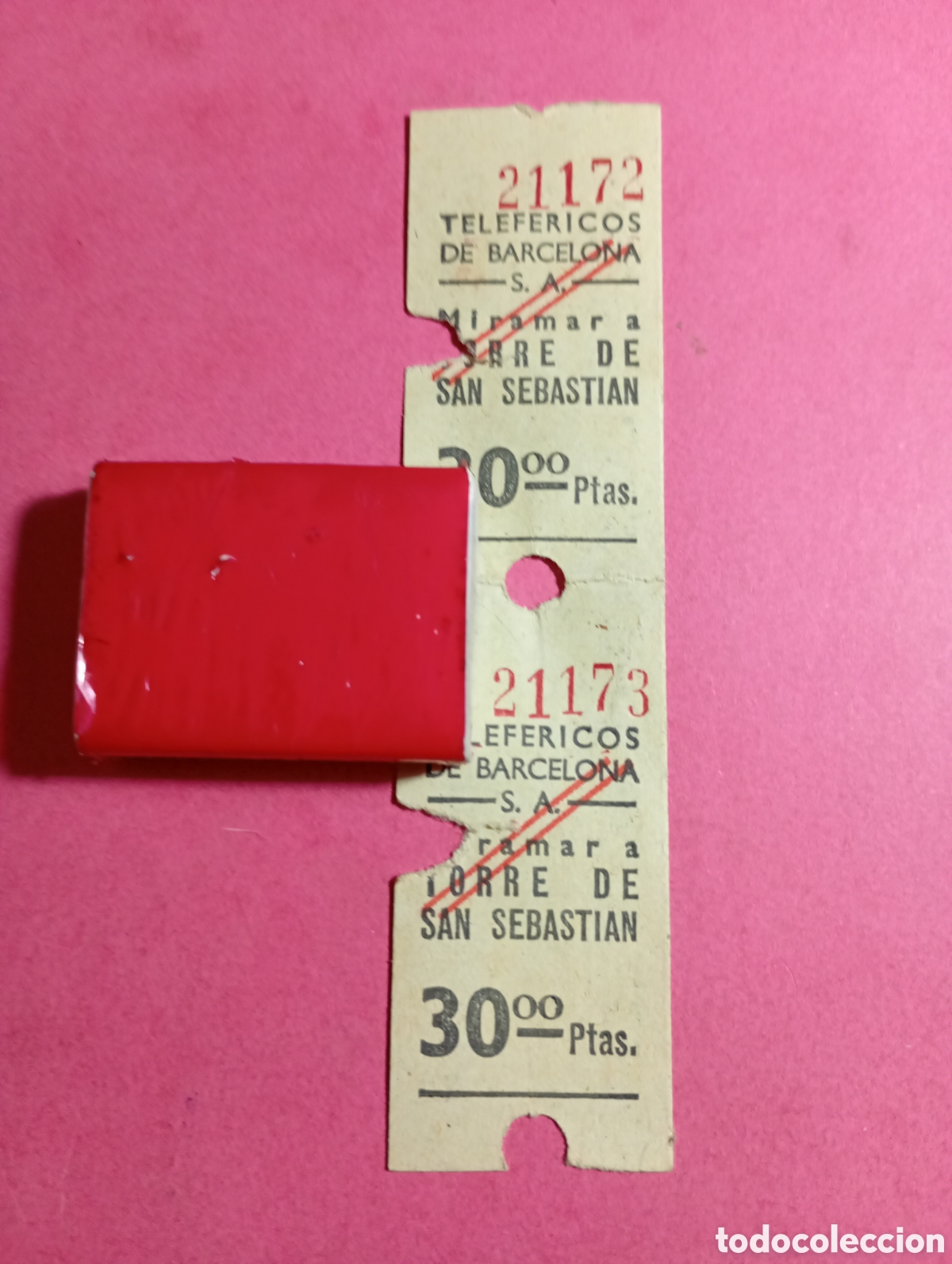 Coleccionismo Billetes de transporte: TELEF&Eacute;RICOS DE BARCELONA S.A. 1/10/1972 - 2 BILLETES UNIDOS: MIRAMAR A TORRE DE SAN SEBASTI&Aacute;N