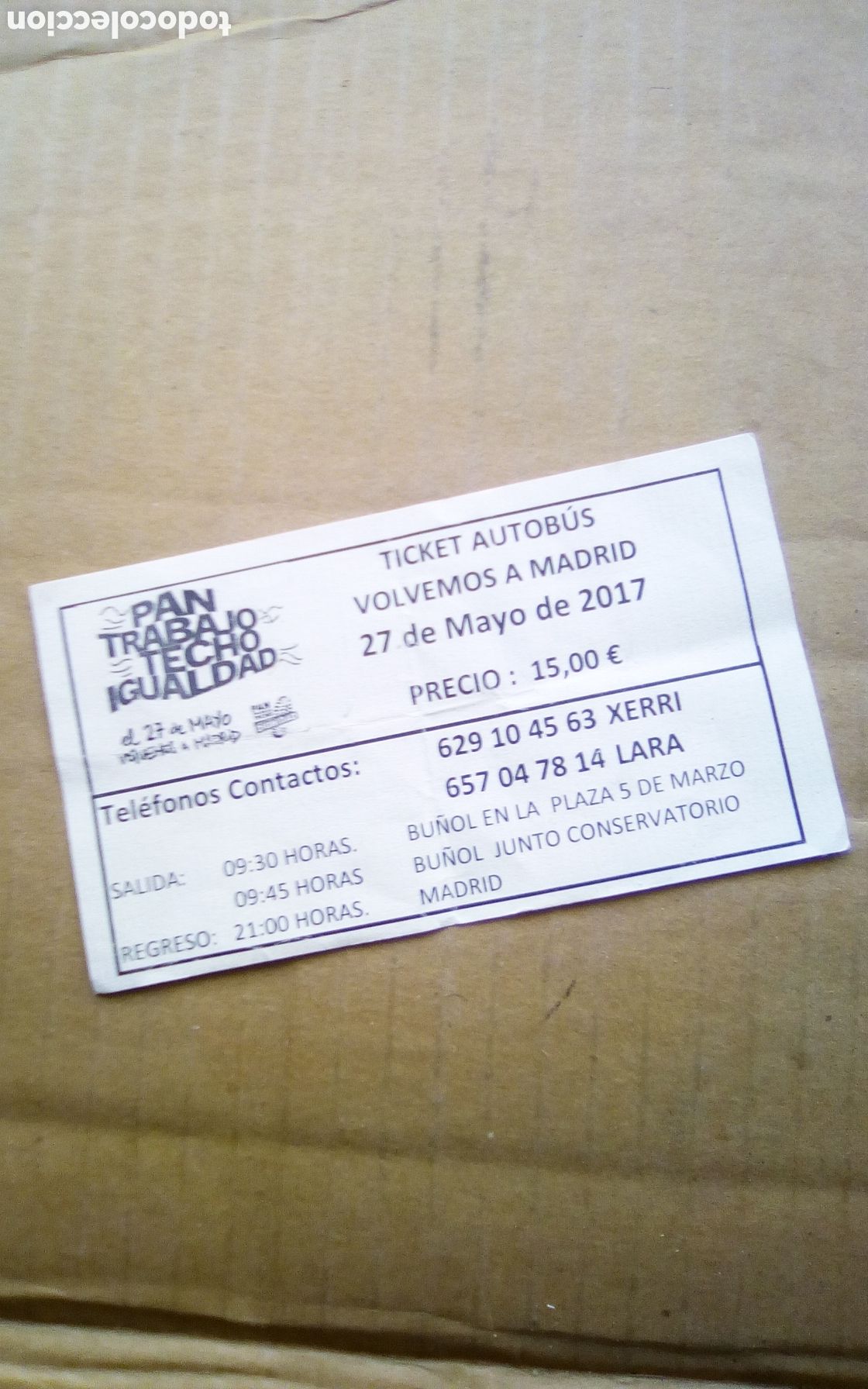 Coleccionismo Billetes de transporte: Ticket autob&uacute;s. Volvemos a Madrid. Manifestaci&oacute;n 27-05-2017.
