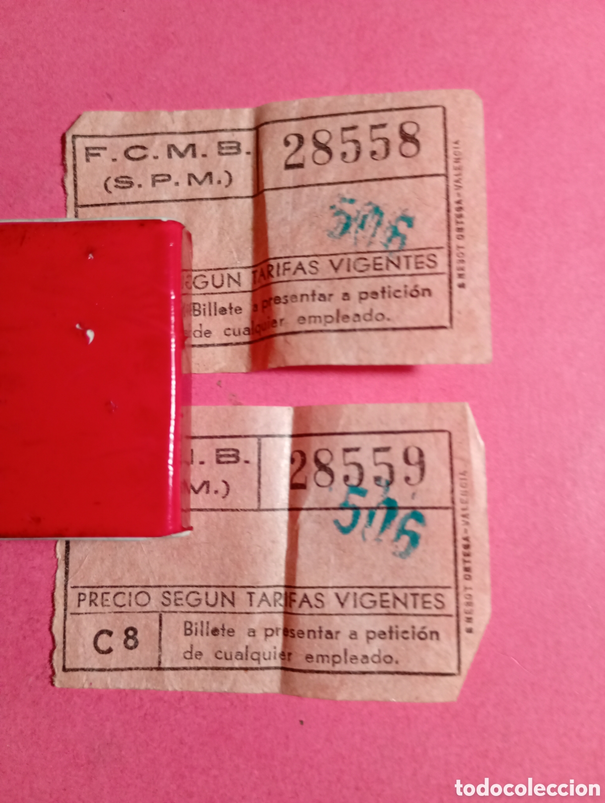 Coleccionismo Billetes de transporte: barcelona ferrocarril metropolitano f.c.m.b. 2 billetes rosa 28558 y 28559 - C8 - sello caucho 506