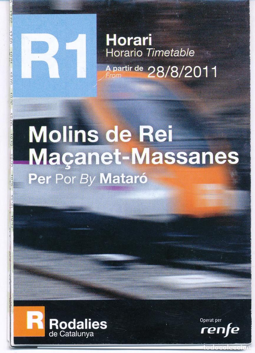 Coleccionismo Billetes de transporte: folleto de horarios de Rodalies de Catalunya l&iacute;nea R1 Molins de Rei y Ma&ccedil;anet-Massanes.