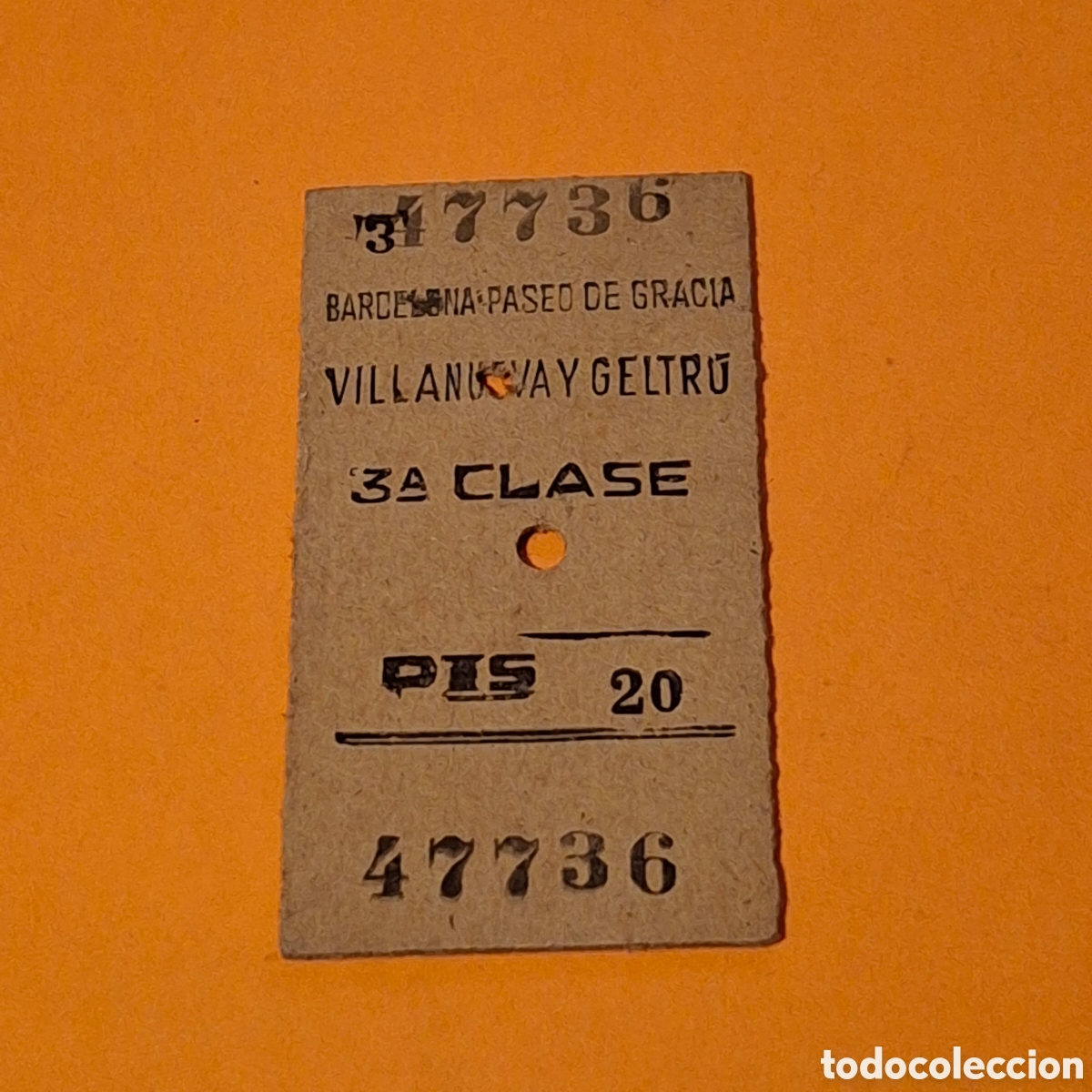 Coleccionismo Billetes de transporte: BILLETE TREN FERROCARRIL - BARCELONA PASEO DE GRACIA / VILLANUEVA Y GELTRU - 3&ordf; CLASE 20 PESETAS