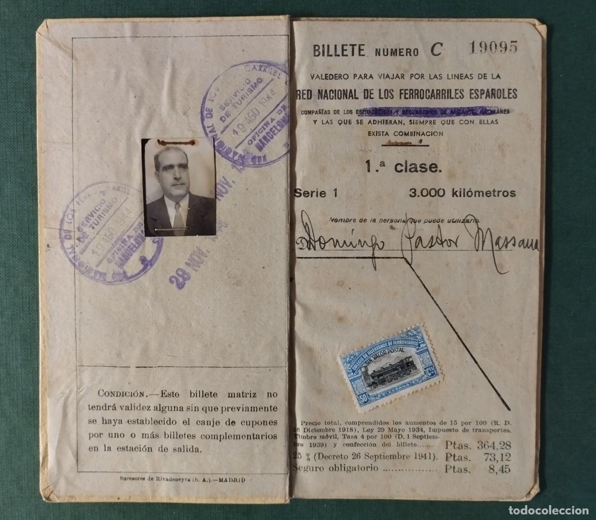 Coleccionismo Billetes de transporte: BILLETE KILOMETRICO DE RENFE, FERROCARRIL, A&Ntilde;O 1944 CON FOTO Y SELLO TARIFA 109